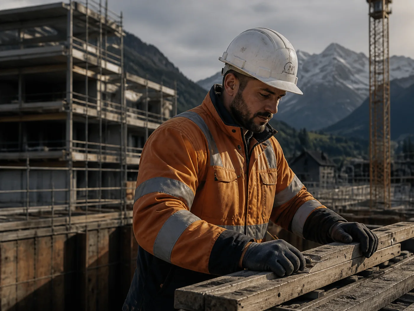 Bauarbeiter bereitet eine Holzschalung auf einer alpinen Baustelle vor